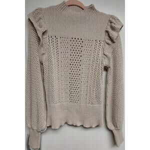 Happy Nature Ruffled Sleeve Crochet Sweater ~ Beige ~ Women's S ~ Indie ~ Retro